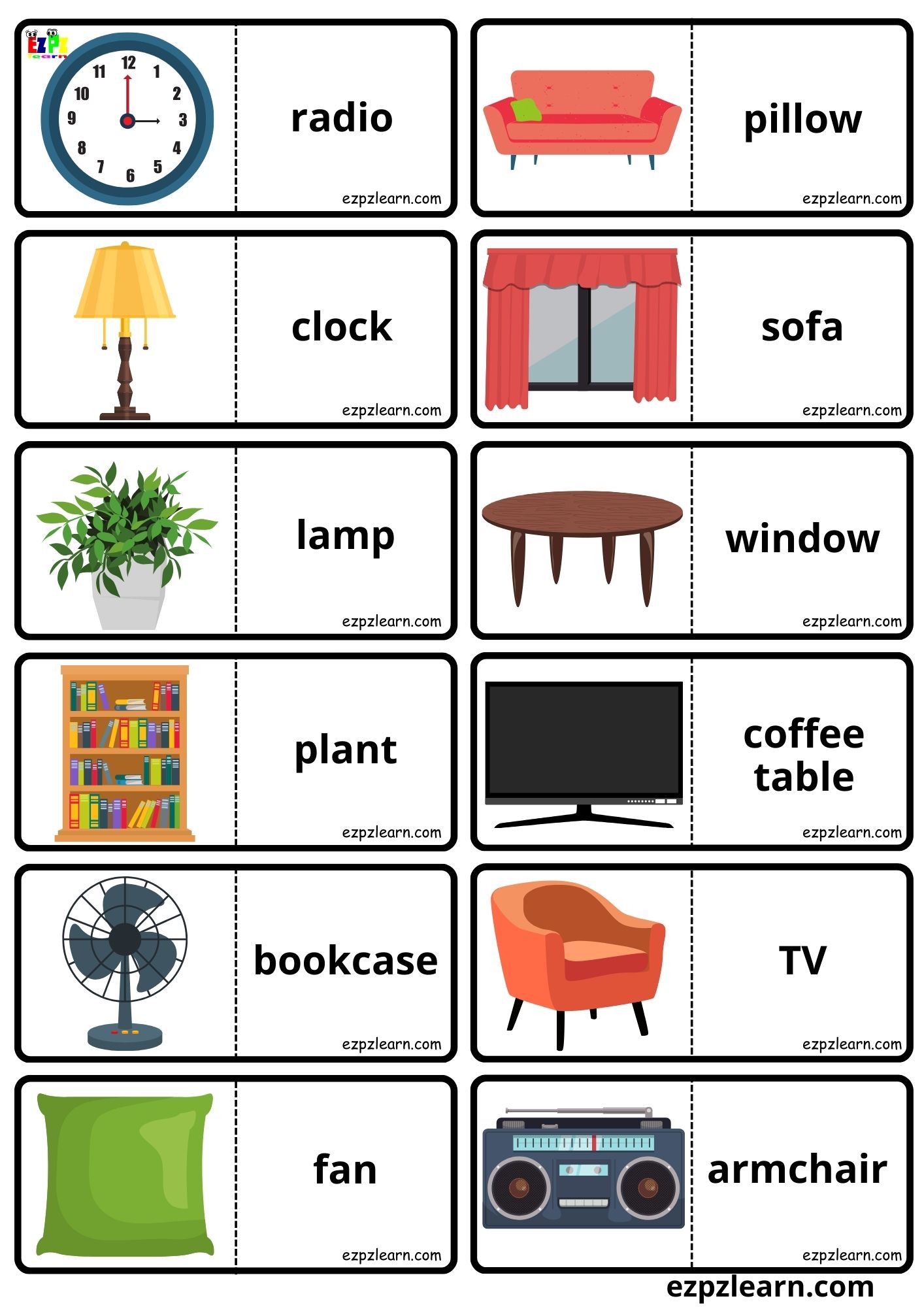 Living Room Vocabulary Dominoes Matching Game for Kids and English Language Learners Free PDF Download 